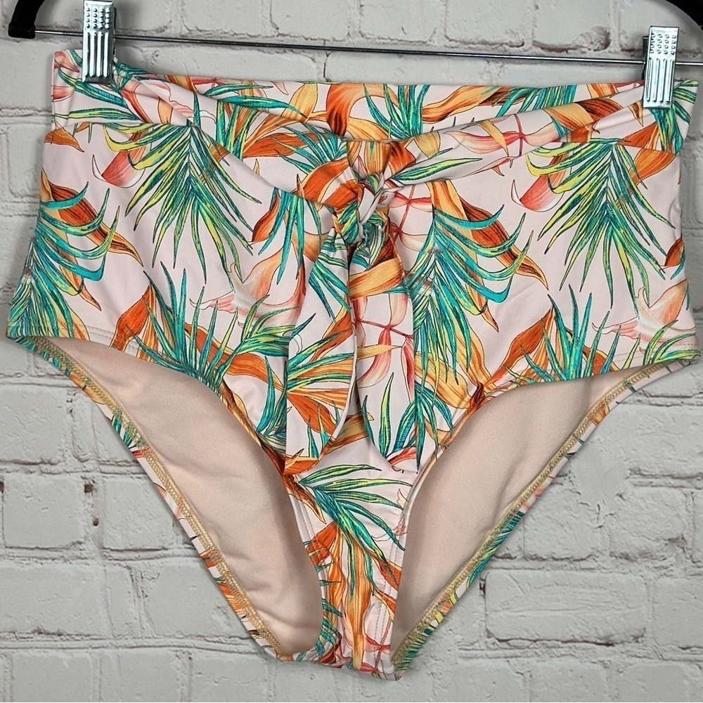 New Gianni Bini Women's High Waist Tropical Palm Leaf tie swim bottom, sz L, NWT